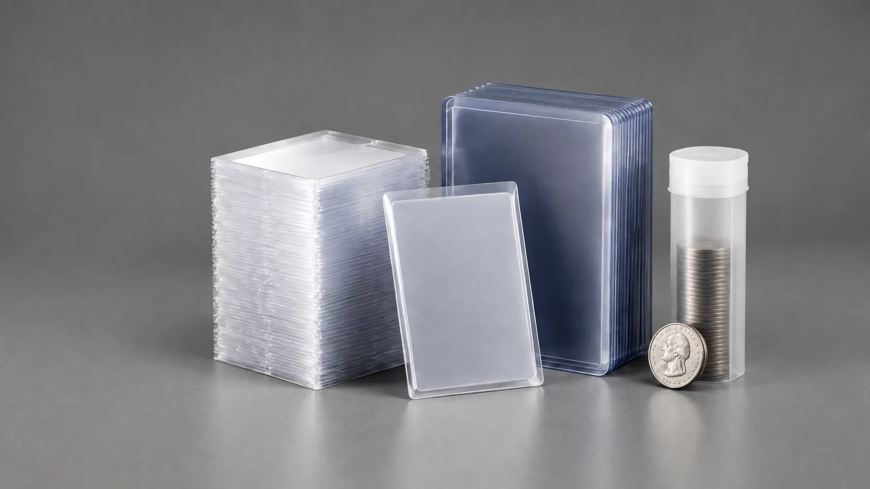 Orderly arrangement of trading card sleeves, top-loaders and a coin tube